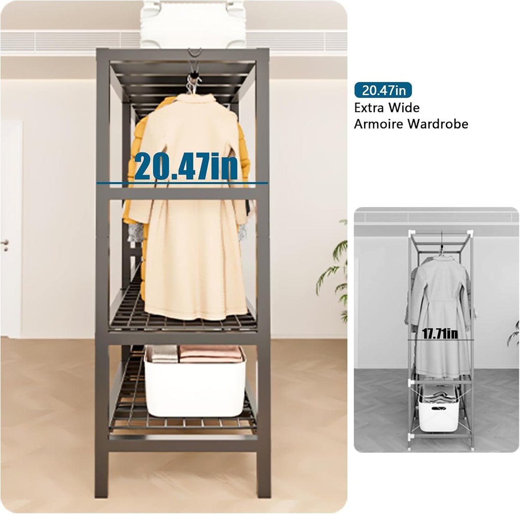49IN Foldable Portable Armoire Wardrobe Closet for Hanging Clothes Rack, Heavy Duty Covered Clothes Rack with Cover(HARDBOARD Magnetic), Square Tube Black Metal Closet Garment Rack for Bedroom Storage