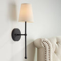 Possini Euro Design Elena Modern Wall Light Sconce Matte Black Metal Hardwired 6' Fixture Cream Linen Tall Drum Shade for Bedroom Bedside Living Room Hallway Dining House Kitchen