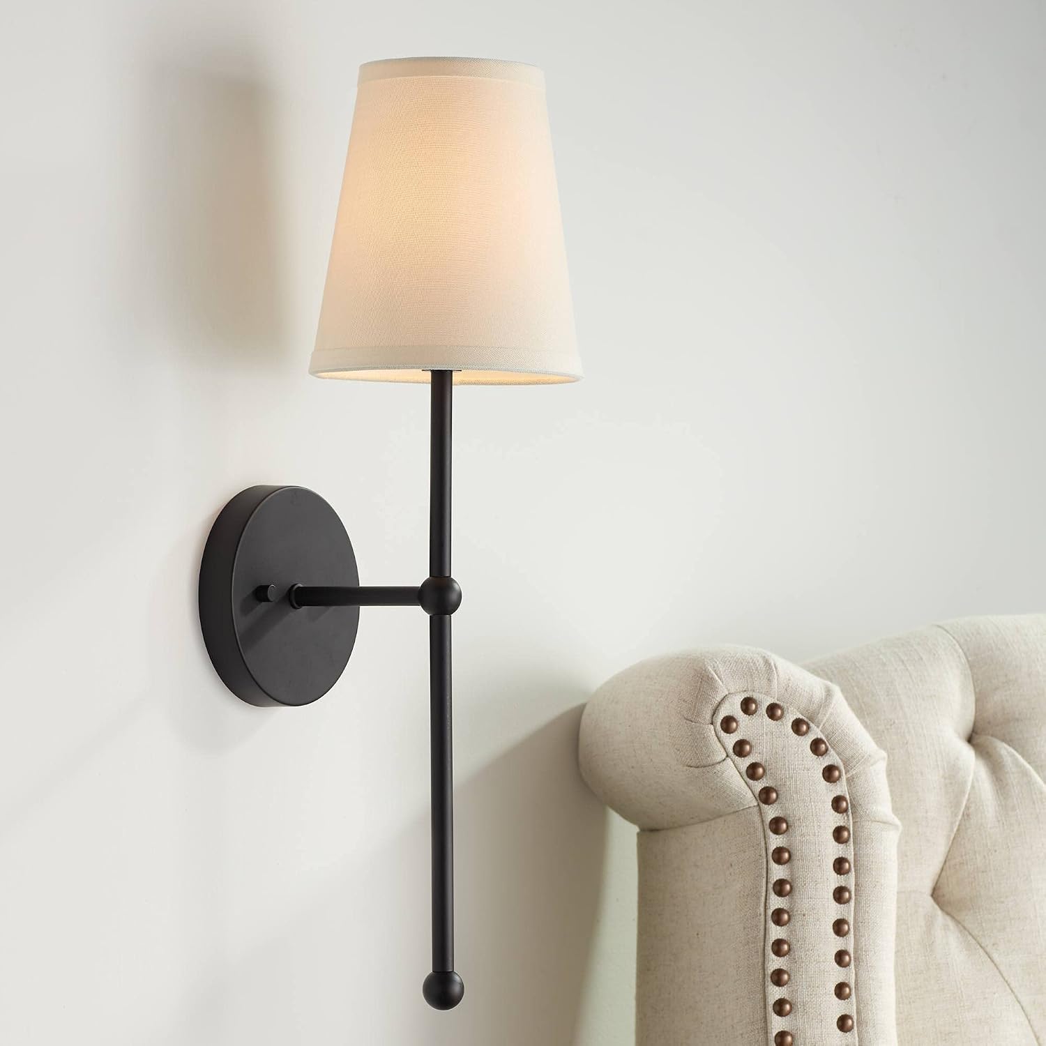 Possini Euro Design Elena Modern Wall Light Sconce Matte Black Metal Hardwired 6' Fixture Cream Linen Tall Drum Shade for Bedroom Bedside Living Room Hallway Dining House Kitchen
