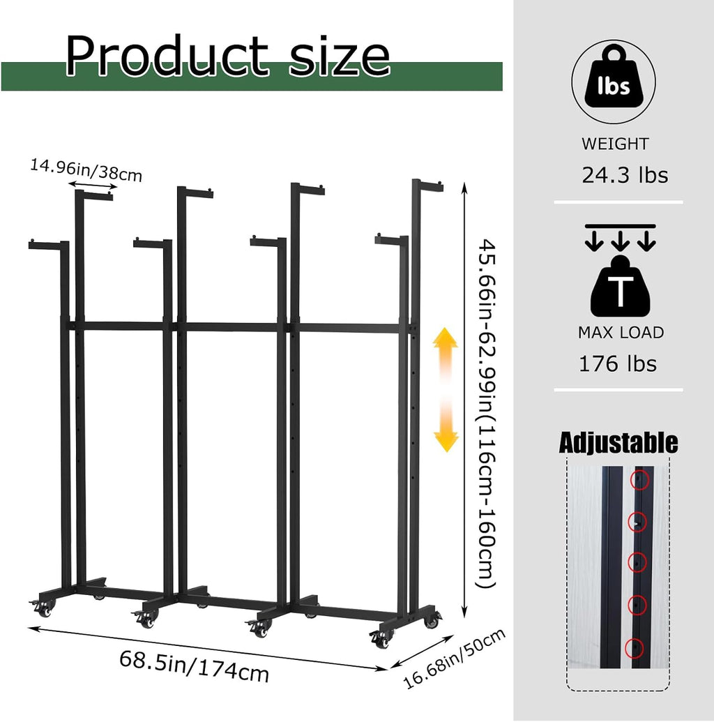 Metal Clothing Rack, 8 Arms Clothes Display Racks with Wheels, Adjustable Floor Standing Garment Rack From 46.85' to 64', Portable Retail Display Stand for Boutique Stores (Black, 8 Arm/68.5in)