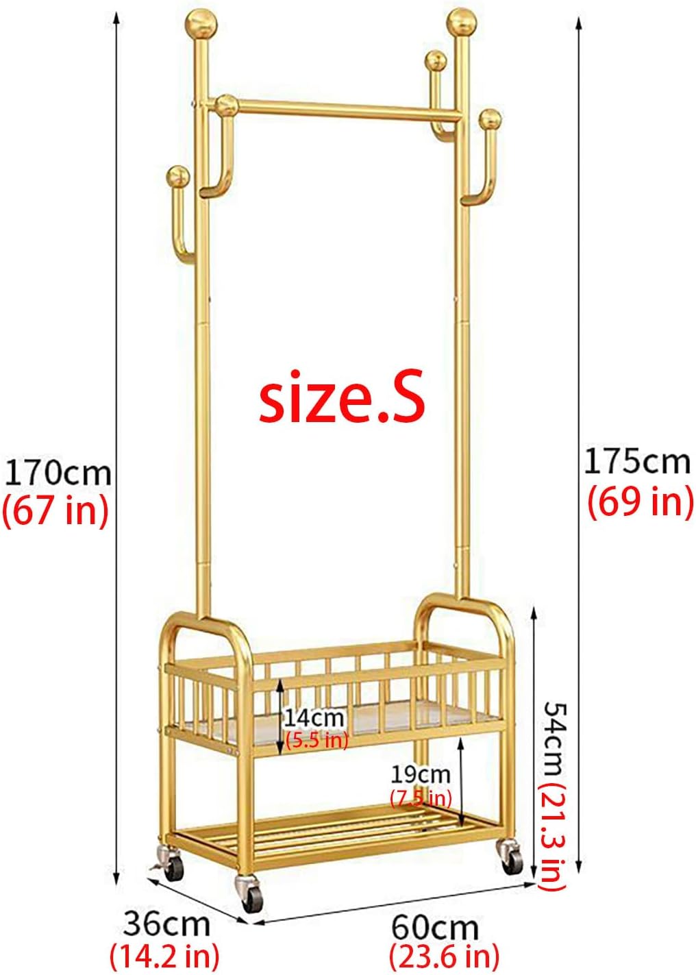 Clothing Rack, Standing with Wheels, Heavy Duty for Storage, Gold，for Hanging Organizers Clothes,Shoes,Bags,Scarf,Neckties Ideal for offices, bedrooms, foyers (Gold, S)