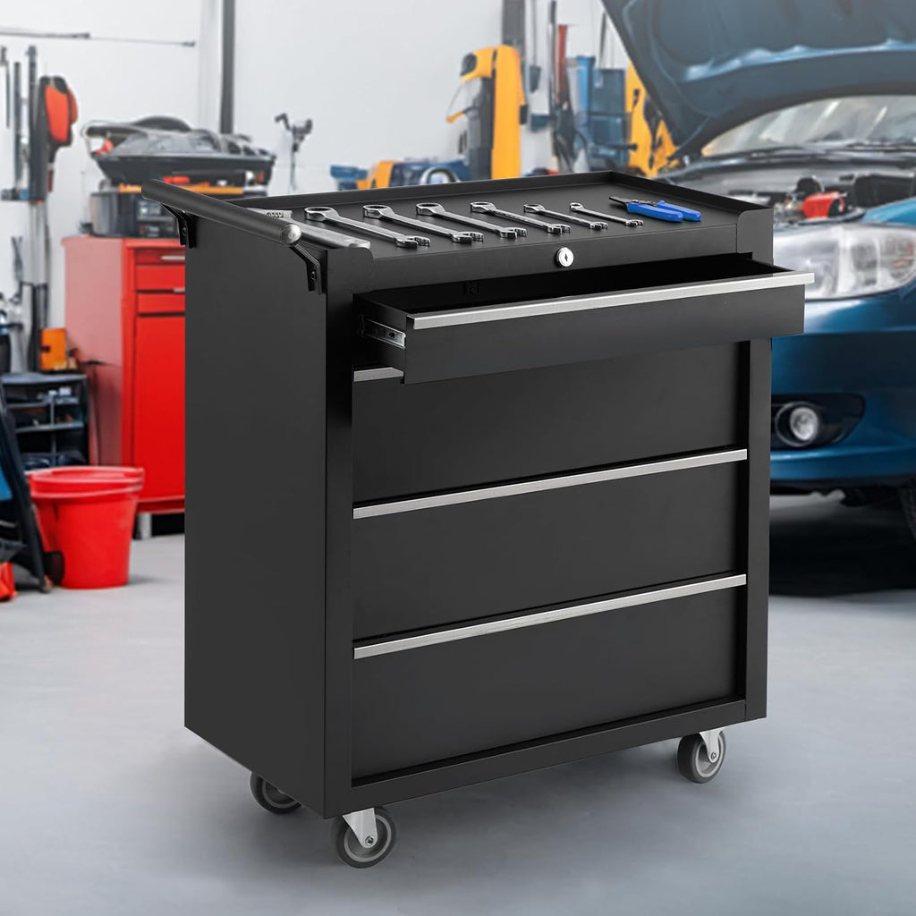 24' Heavy-Duty Rolling Tool Cabinet, 4-Drawer Lockable Steel Tool Chest with 4 Locking Wheels & Reinforced Frame, High Weight Capacity Organizer for Garage, Workshop, and Home Use