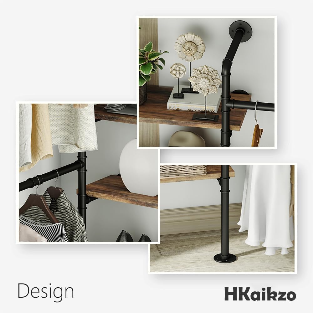 HKaikzo Wall Mounted Closet System 85' H×81' W, Industrial Pipe Clothing Rack for Walk-in Closet with 6 Shelves, Heavy Duty 200LBS Garment Rack, Color-Coded Assembly, 3 Layout Options, Black