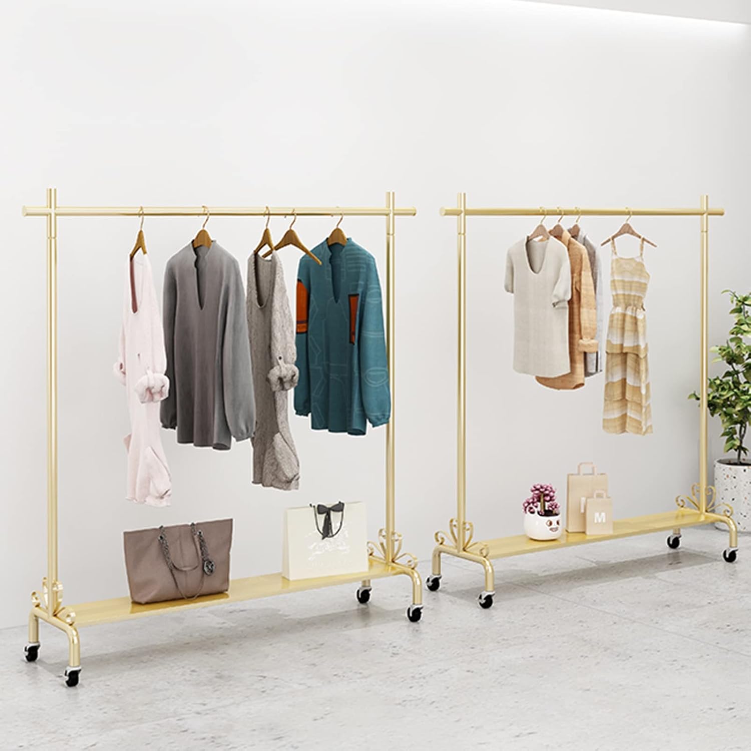 Clothing Rack Fashion Style Gold Clothing Rack with Shelf Heavy Duty Metal Rolling Garment Rack with Wheels for Bedroom Retail Boutique (Size : 90x40x155cm)