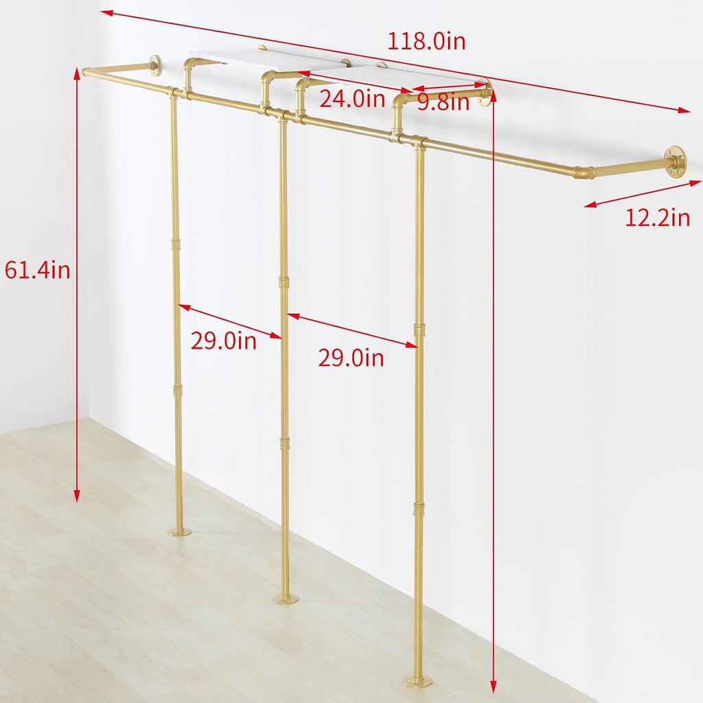 Wall Mounted Gold pipe clothing rack with 3 T-Bar Design and Nano Gold Finish with 2 Wooden Shelves Heavy Duty Wall Mounted Iron Garment Bar for Retail Display and Closet Storage