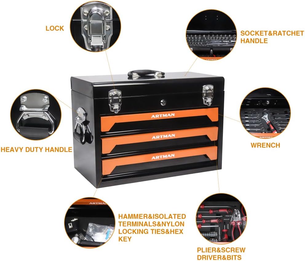 Tool Box Set, 439-Piece Mechanic's Tool Kit, 4-Drawer High Capacity Tool Chest, Lockable Storage Organizer with Sliding Drawers for Home & Garage Repair (Orange)
