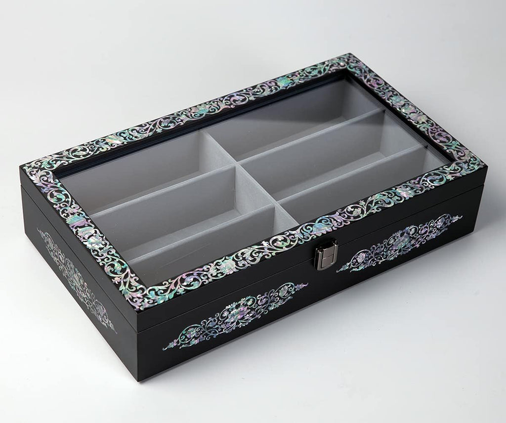 Mother of Pearl Wood Sunglasses Box Eyeglasses Valet Display Storage Case for Glasses, Watches, Jewelry, Trinkets Wooden Accessory Organizer Gift (Arabesque Black)