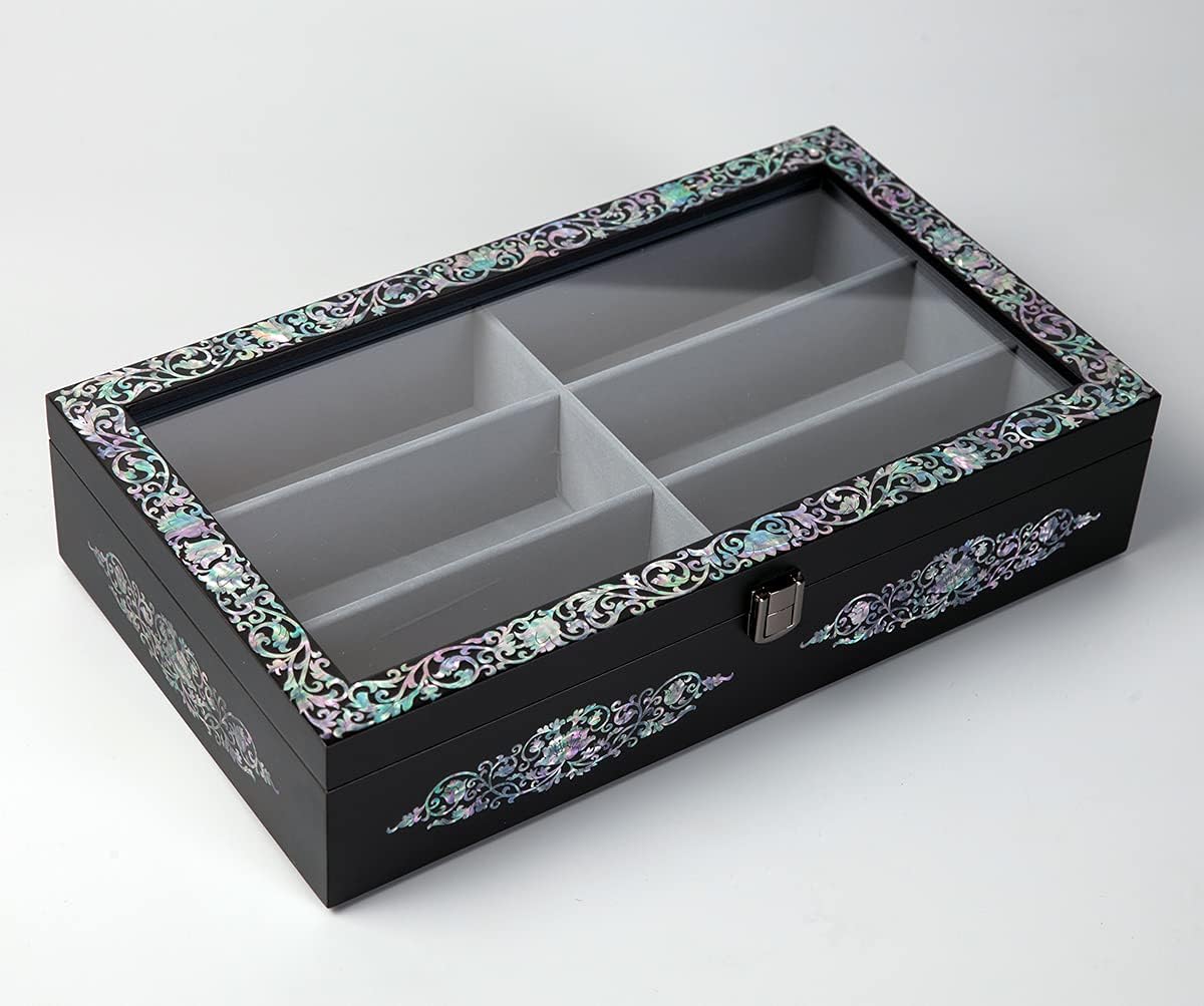 Mother of Pearl Wood Sunglasses Box Eyeglasses Valet Display Storage Case for Glasses, Watches, Jewelry, Trinkets Wooden Accessory Organizer Gift (Arabesque Black)
