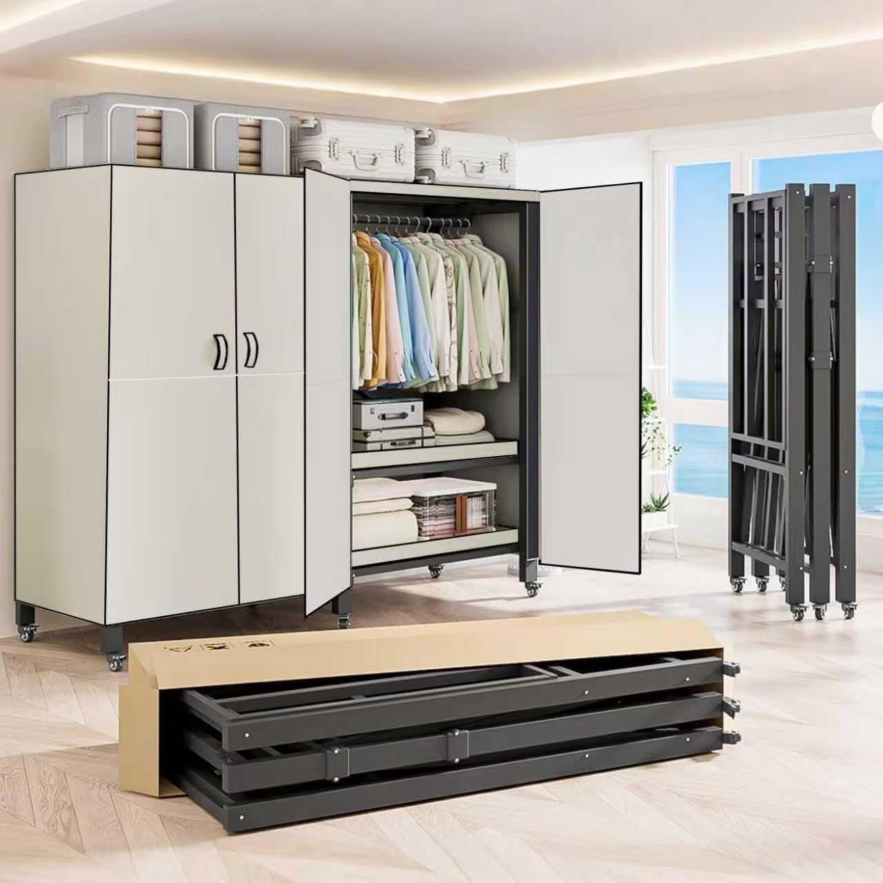 Heavy Duty Covered Clothes Rack with Magnetic Door 1500LBS Foldable Portable Wardrobe Closet for Hanging Clothing Rolling Black Metal Garment Rack on Wheels Closet System (White, 71in)