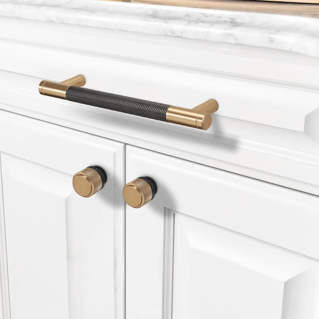 10 Pack 6 1/4' Matte Black & Champagne Bronze Knurled Cabinet Handles Stylish Kitchen Cabinet Pulls Modern Drawer Pulls & Cupboard Hardware for Home Upgrade