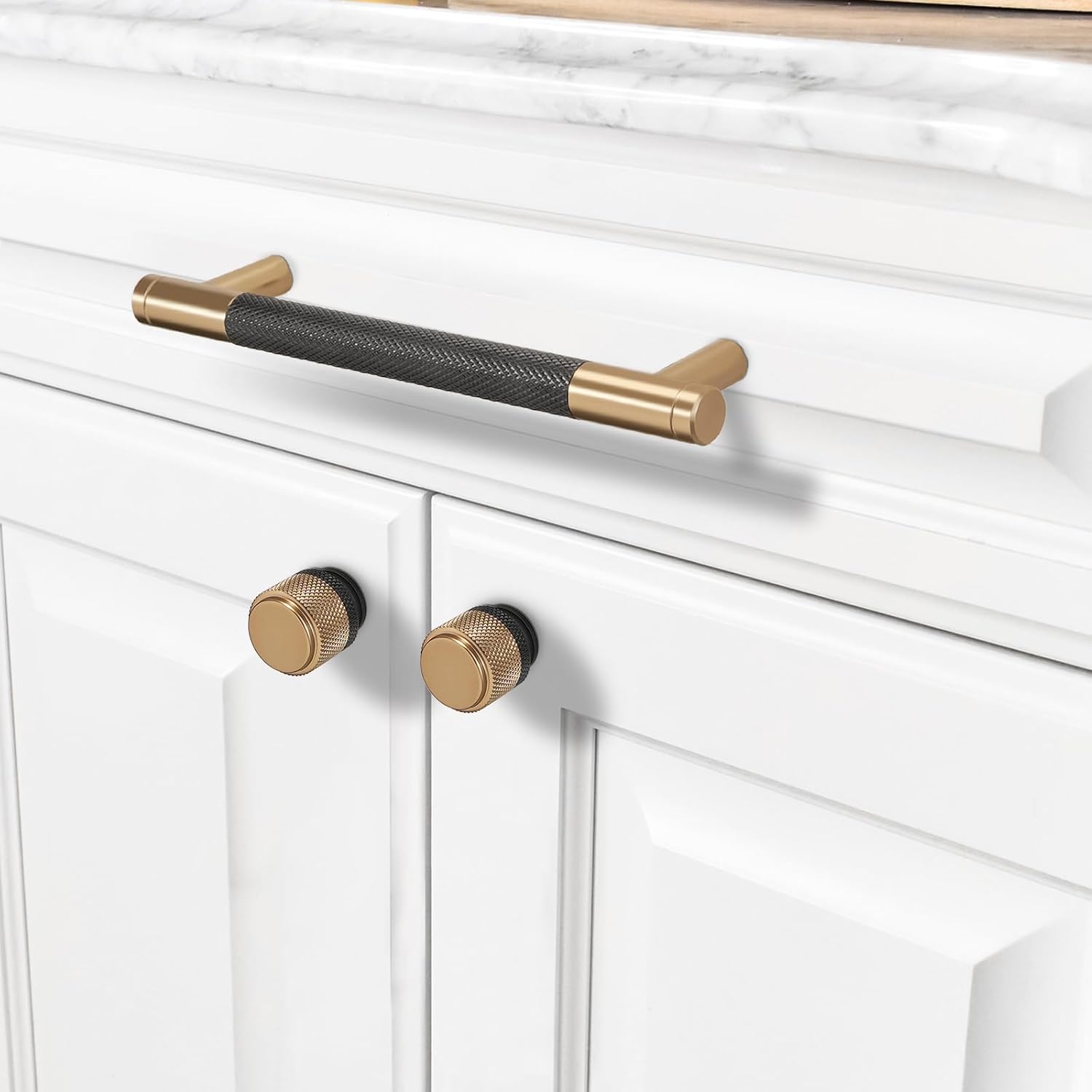 10 Pack 6 1/4' Matte Black & Champagne Bronze Knurled Cabinet Handles Stylish Kitchen Cabinet Pulls Modern Drawer Pulls & Cupboard Hardware for Home Upgrade