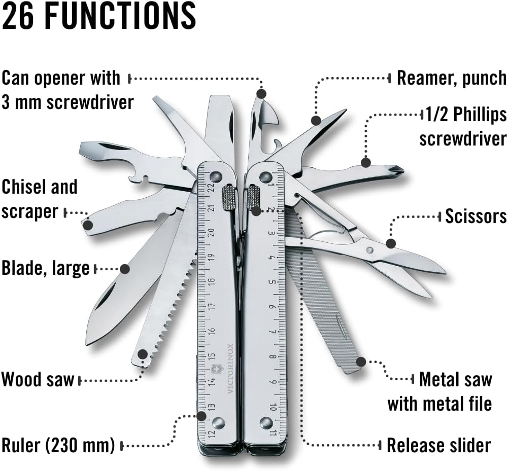 Victorinox Swiss Tool Swiss Army Knife, 24 Function Swiss Made Multi-Tool with Needle-Nose Pliers, Wire Cutters and Large Blade - Silver
