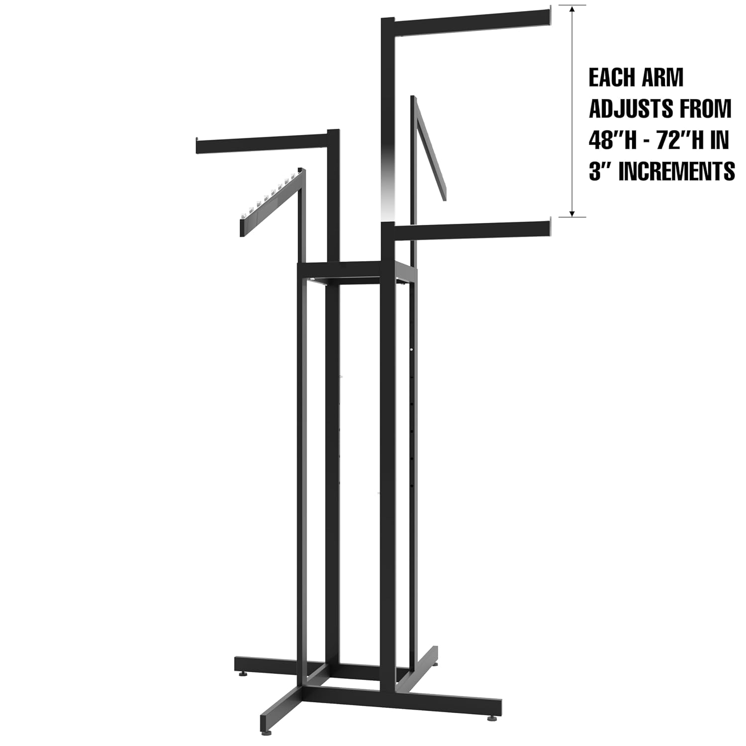 Econoco 4-Way Clothing Rack, Heavy Duty Adjustable Garment Display with 2 Straight and 2 Slanted Arms, Square Tubing, Black