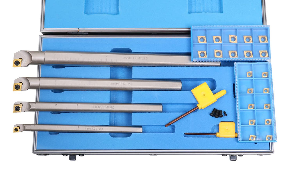 Accusize Sclcr Indexable Boring Bar Set, 3/8', 1/2', 5/8', 3/4' for Steel | 31 Pc Set with 20 TiN Coated CCMT Carbide Inserts, Negative 5° Angle, 45HRC, Torx Screw Retention, P252-S410