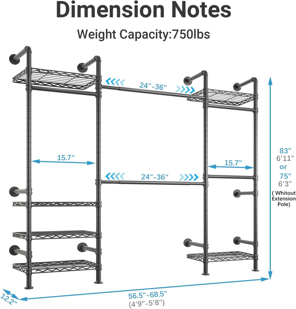 Timate F3 Medium Wall Mounted Clothes rack Expandable Closet, Industrial Pipe Clothing Rack for Hanging Clothes, Heavy Duty Clothes Rack with Shelves, Garment Rack Wall Closet System Black Pipe Closet