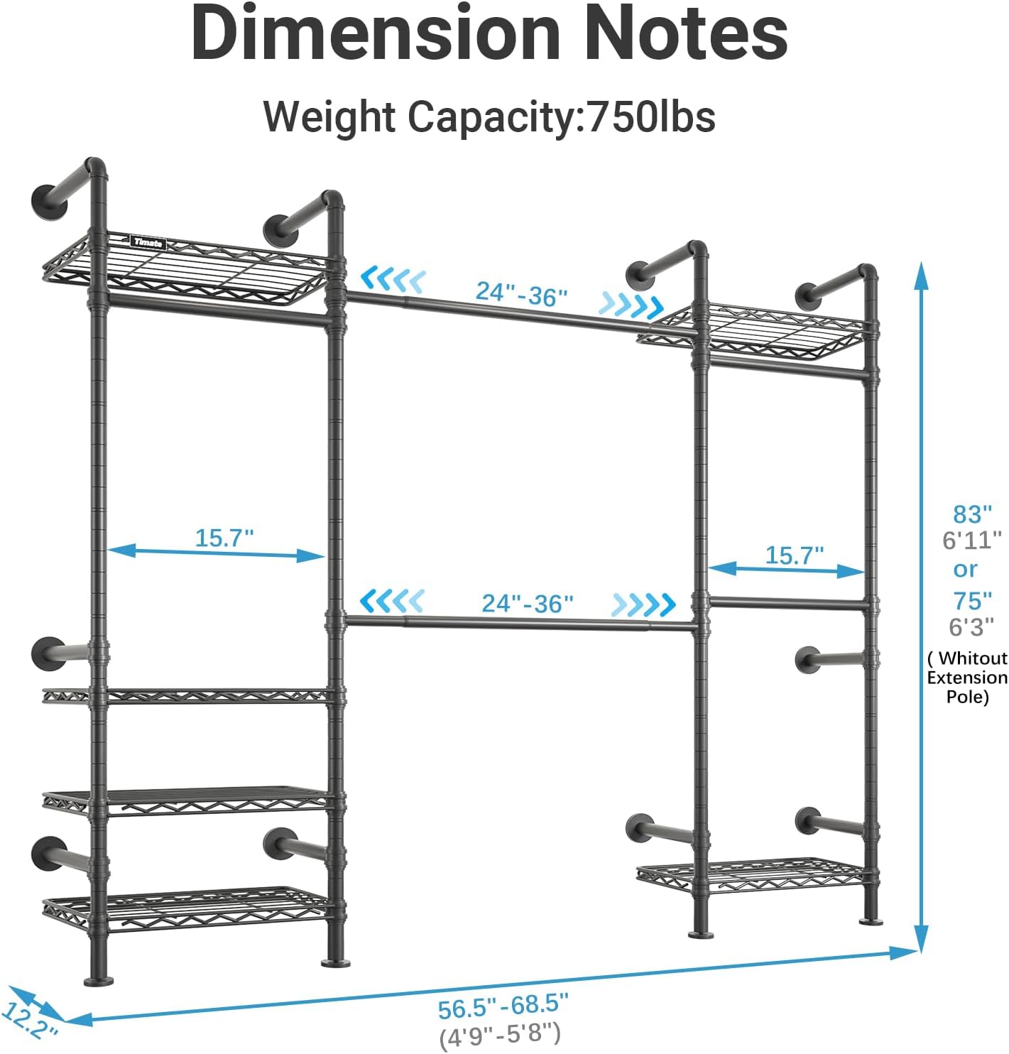 Timate F3 Medium Wall Mounted Clothes rack Expandable Closet, Industrial Pipe Clothing Rack for Hanging Clothes, Heavy Duty Clothes Rack with Shelves, Garment Rack Wall Closet System Black Pipe Closet