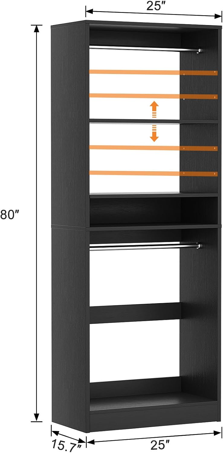 Unikito Freestanding Closet System, 25' Closet Organizer Wardrobe with Hanging Rod & Shelves, Adjustable Clothes Garment Rack, Sturdy Walk in Towers, Easy Assembly, 25' W x 16' D x 80' H, Black