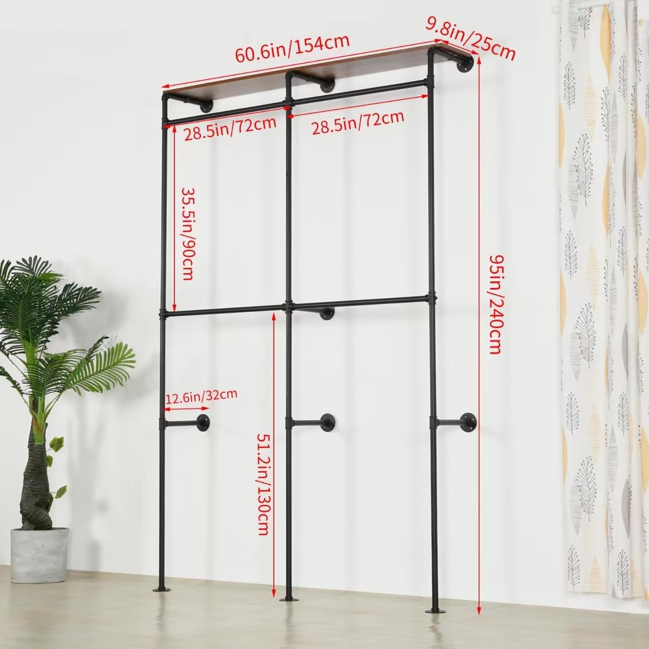 Garment Rack Heavy Duty Racks, Modern Simple Industrial Pipe Double Hanging Rods Clothing with Shelves, Freestanding Portable Wardrobe Closet Rack for Hanging Clothes, 93in Black