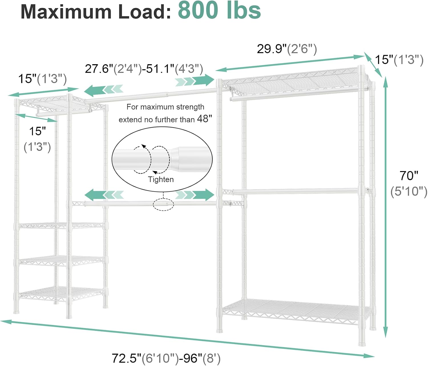 SEMHOR E01 Expandable Heavy Duty Clothes Rack, Free Standing Closet System Organizer, Adjustable Portable Carbon Steel Garment & Clothing Racks for Hanging Clothes (72.5-96'), 800LBS Max Load, White