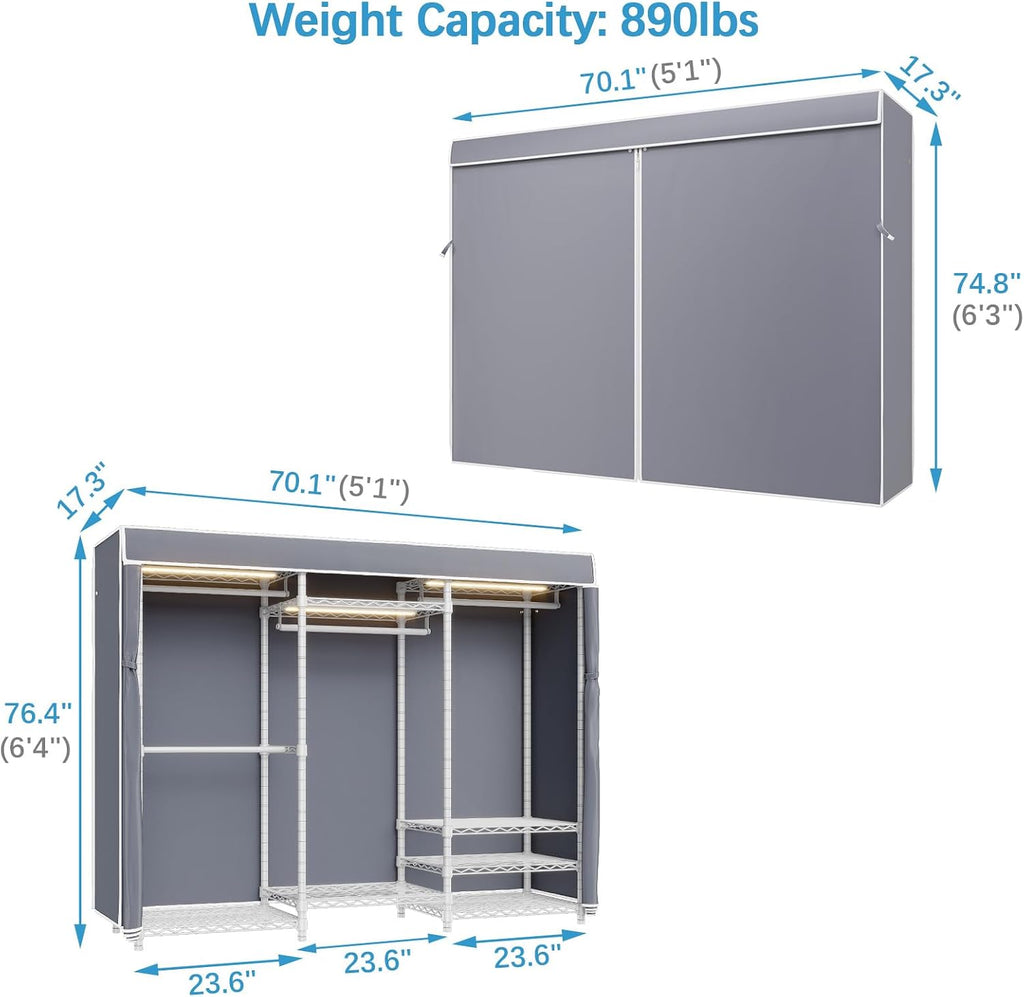 VIPEK V5LC Garment Rack Heavy Duty Covered with Dimmable LED Lights, 3000K Warm White, Portable Closet Wardrobe Freestanding for Hanging Clothes, with Grey Cover