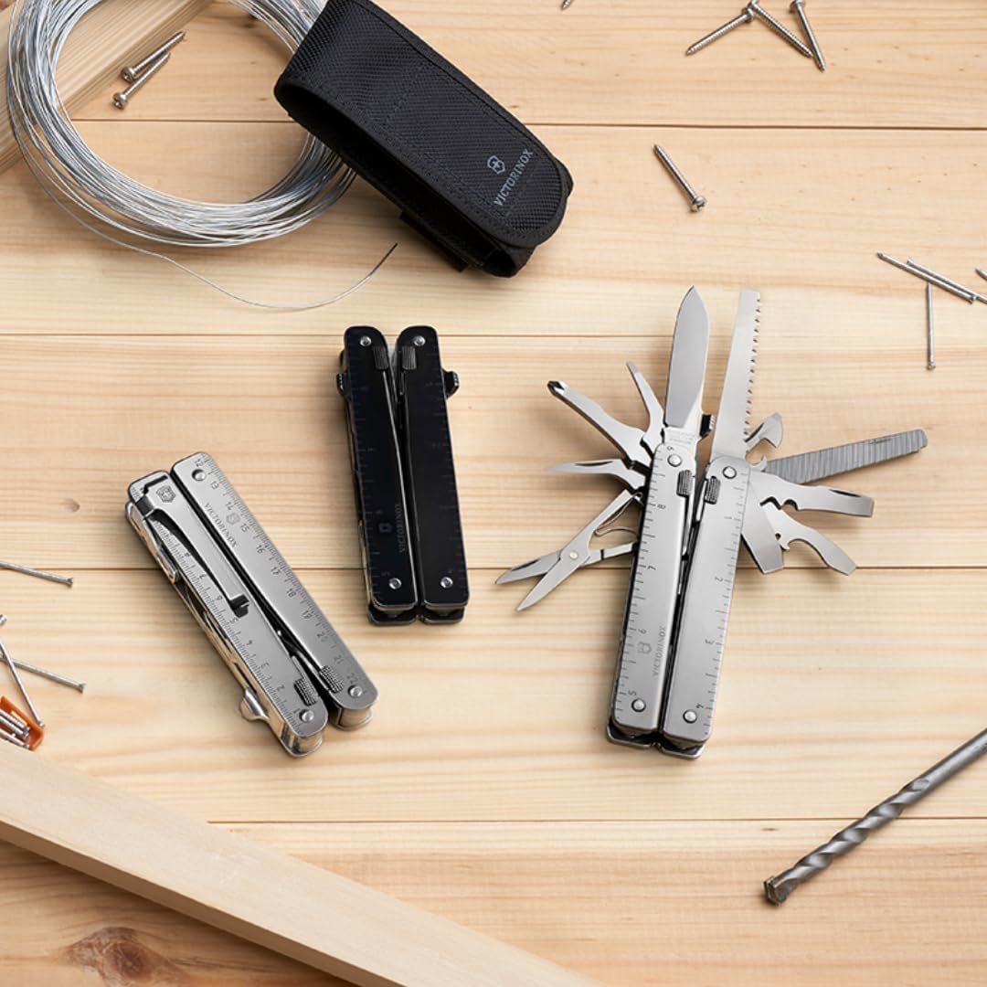 Victorinox Swiss Tool Swiss Army Knife, 24 Function Swiss Made Multi-Tool with Needle-Nose Pliers, Wire Cutters and Large Blade - Silver