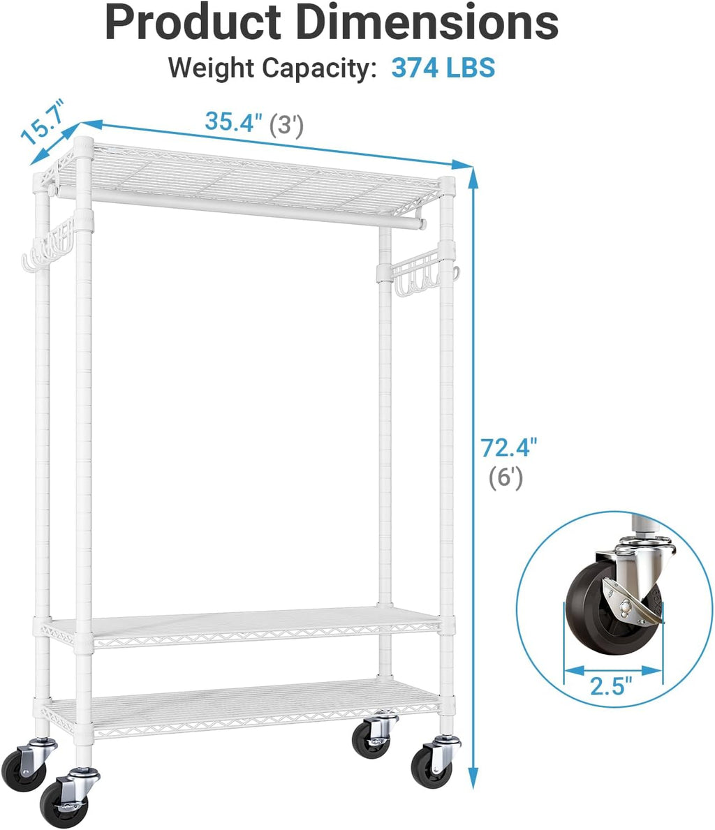 VIPEK R3C Portable Closet with Cover - Heavy Duty Freestanding Clothes Rack with Wheels & Hanging Rod & Side Hooks, 35.4' L x 15.7' W x 72.4' H, White Rack with Grey Upgraded Polyester Cover