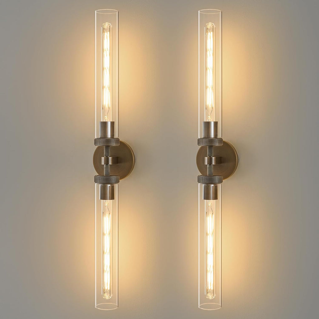 Knurled Brass Bathroom Wall Sconce - Set of 2 Luxury Brushed Antique Gold Sconces - Modern Linear Tube Vanity Lights Fixture with Clear Glass - Dimmable Indoor Lighting for Bedroom Living Room Decor