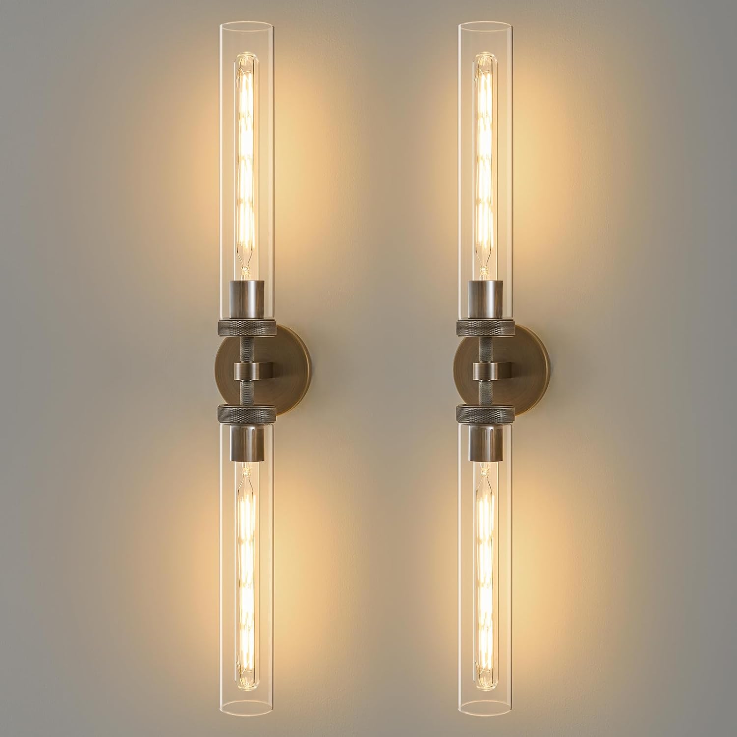 Knurled Brass Bathroom Wall Sconce - Set of 2 Luxury Brushed Antique Gold Sconces - Modern Linear Tube Vanity Lights Fixture with Clear Glass - Dimmable Indoor Lighting for Bedroom Living Room Decor