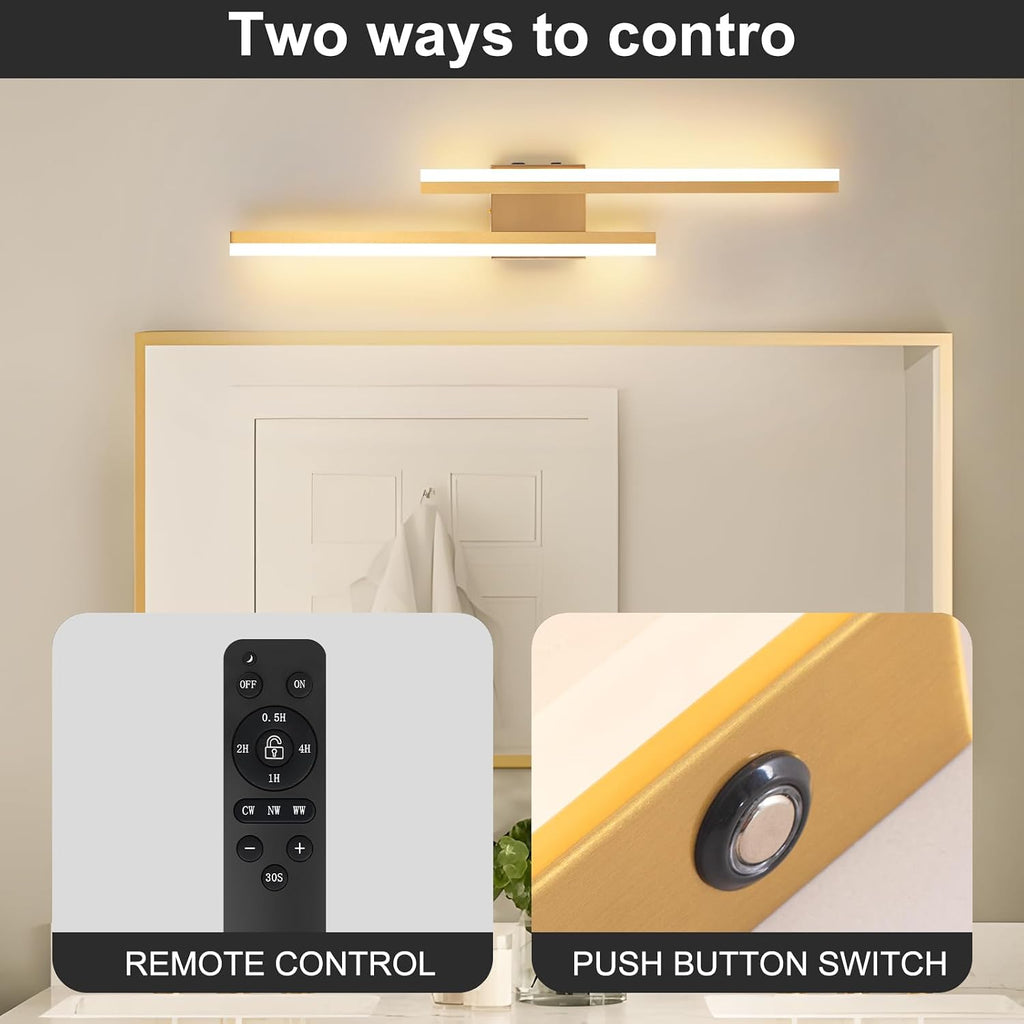 Modern Battery Operated Wall Sconce Set of Two,Gold Wall Light with Remote,Rechargeable LED Wall Lamp Indoor for Bathroom Living Room Bedroom Corridor