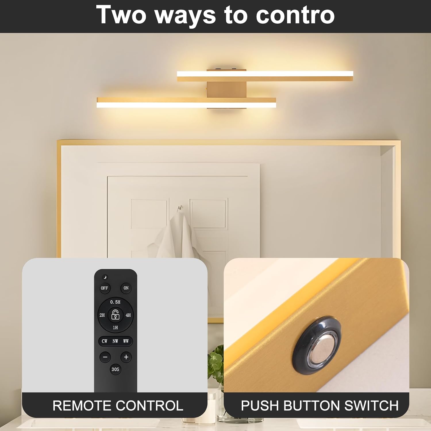 Modern Battery Operated Wall Sconce Set of Two,Gold Wall Light with Remote,Rechargeable LED Wall Lamp Indoor for Bathroom Living Room Bedroom Corridor