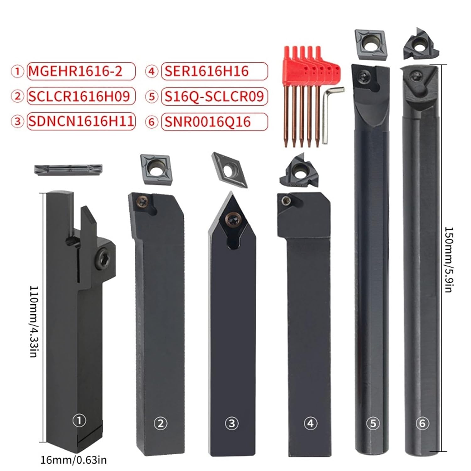 10/12/16MM Turning Tool Sets MGEHR SDJCR SDNCN SCLCR SER SNR Lathe Boring Bar with 7PCS Carbide Insert CNC Cutting Holder(16MM Set 1)