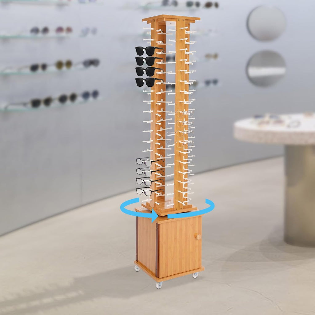 Rotating Glasse Display Stand,72 Pairs Floor-Standing Sunglasses Display Rack w/4 Swivel Wheels,Rotating Eyewear Holder Sunglasses Organizer (Light Brown)