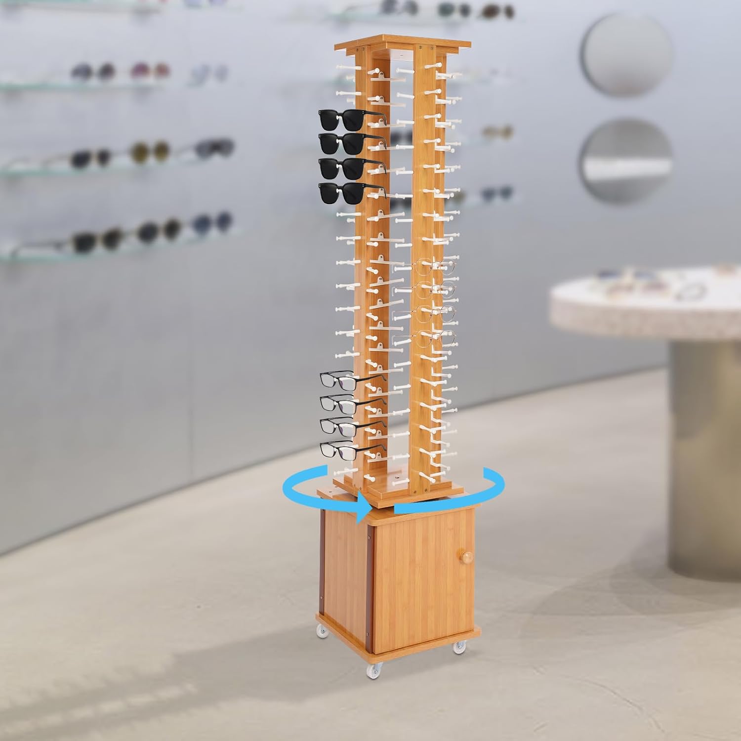 Rotating Glasse Display Stand,72 Pairs Floor-Standing Sunglasses Display Rack w/4 Swivel Wheels,Rotating Eyewear Holder Sunglasses Organizer (Light Brown)