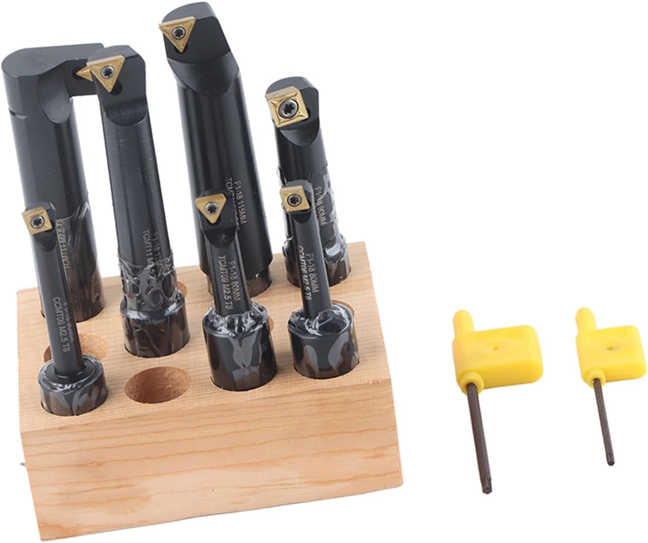 7Pcs Boring Tool Set, Indexable Cemented Carbide Turning Bar Holder, Round Shank Boring Bar for Lathe and Boring Machine, F1-18 with Wood Block Storage