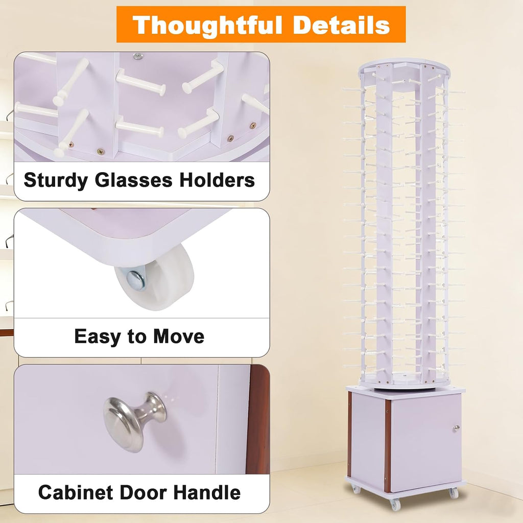 Sunglasses Display Stand, 108 Pairs Wooden 360° Rotating Sunglass Eyeglass Holder Organizer, Glasses Hanger Storage Rack for Retail Commercial Display, L14.2*H66.1in, White
