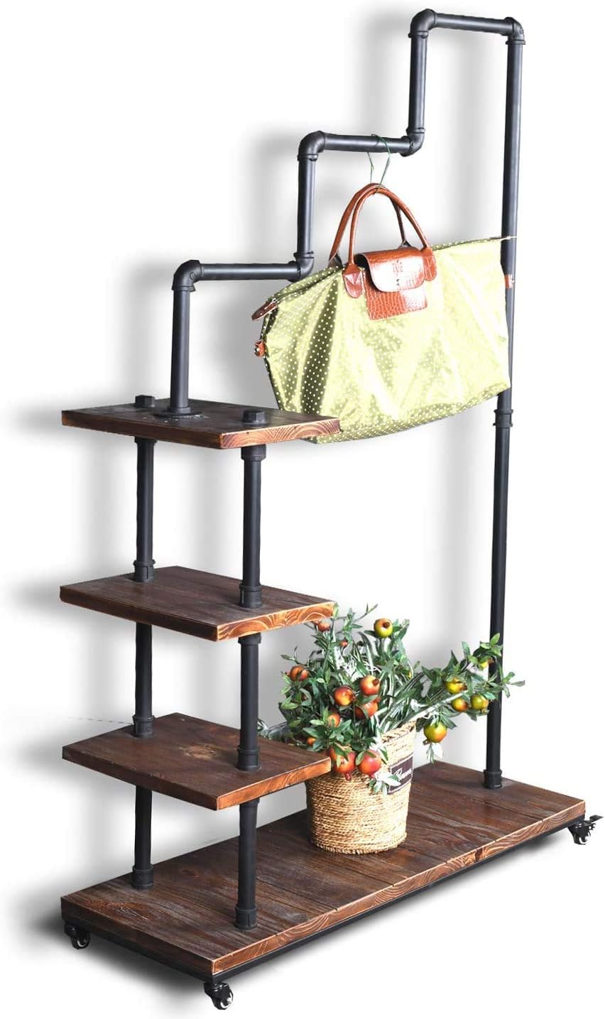 Industrial Pipe Clothing Rack 4 Layers Pine Wood Shelving Shoes Rack With Wheels Cloth Hanger Household Shoe Rack Pipe Shelf Garment Racks