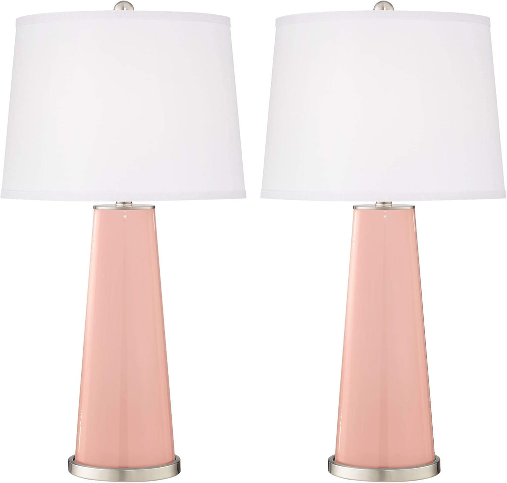 Color + Plus Leo 29 1/2' Tall Cylinder Modern End Table Lamps Set of 2 Rose Pink Brushed Nickel Finish Glass Fabric White Shade Living Room Bedroom Bedside Nightstand House Office Home Reading