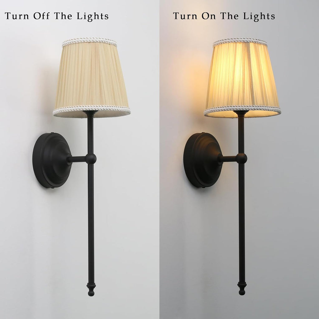 Phansthy Hardwired Brass Boho Wall Sconces Set of 2, Vintage Industrial Wall Lights 2 Pack, Vanity Light Wall Lamps with Lace Gauze Shade for Bedroom Living Room Hallway Decor (Black + Khaki Shade)