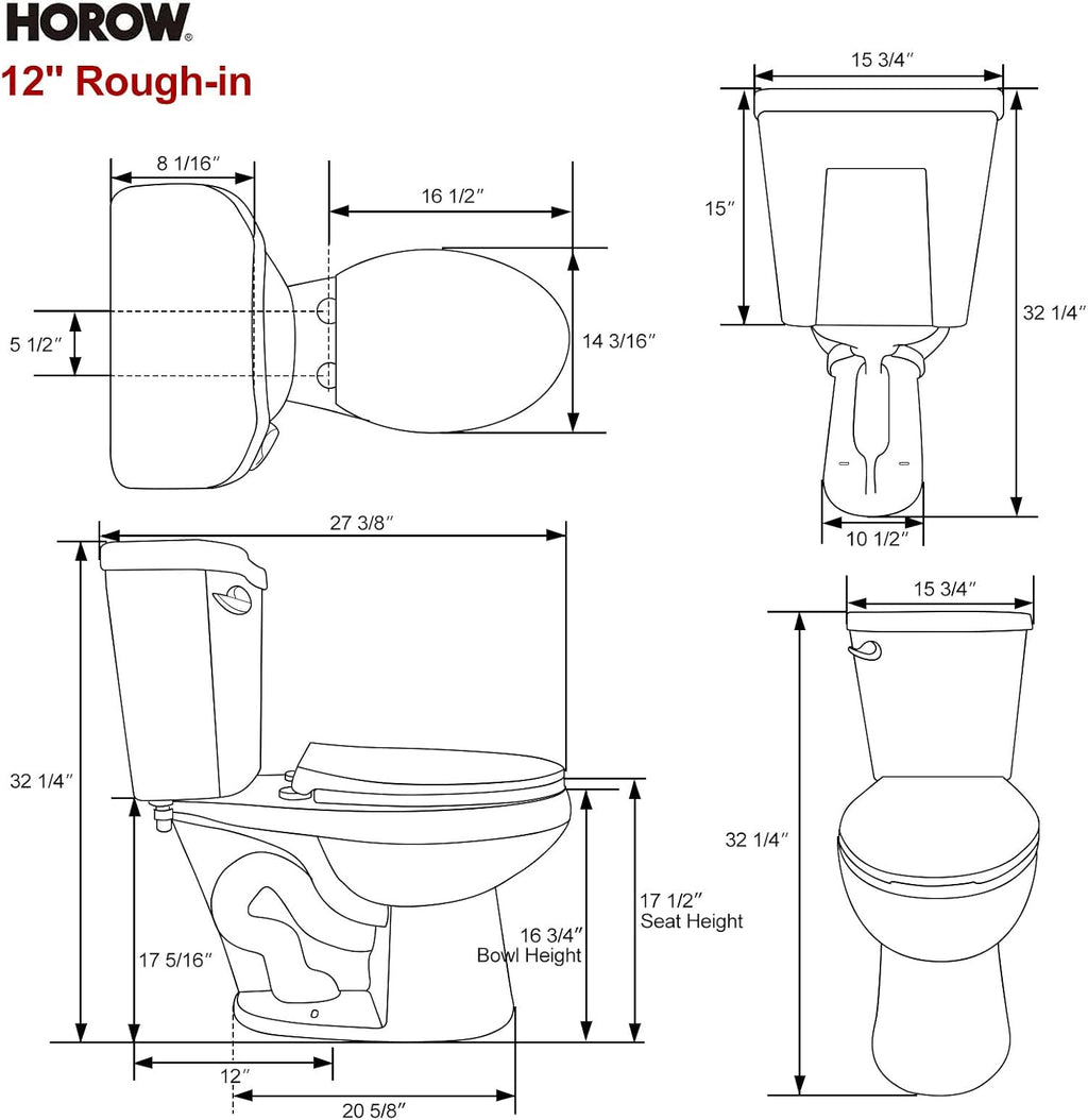 HOROW 17 Inch Compact Tall Toilet for Seniors, Two Piece Toilet for Small Bathroom with Powerful 1.28 GPF Single Flush, MAP 1000g, ADA Chair Height, Soft-Close Seat, and Round Bowl, HR-R17S