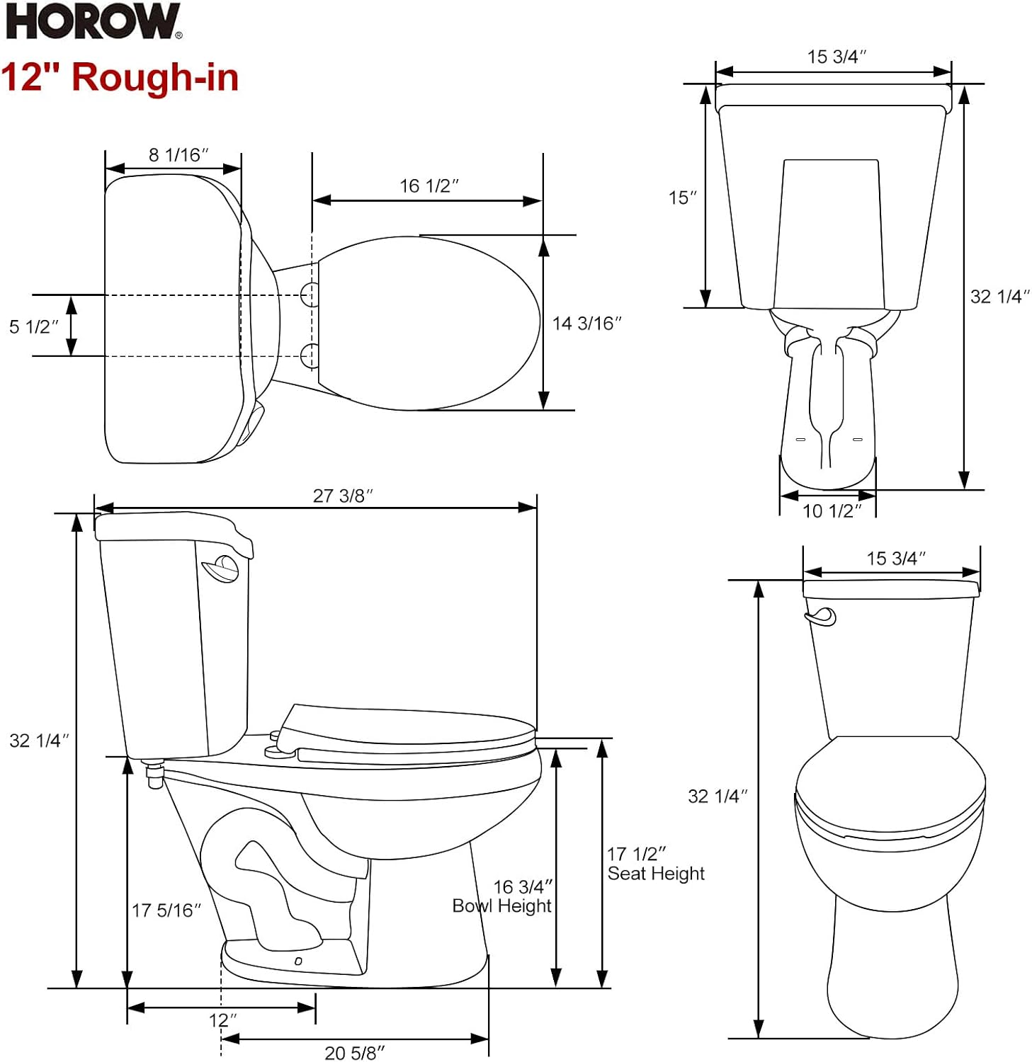 HOROW 17 Inch Compact Tall Toilet for Seniors, Two Piece Toilet for Small Bathroom with Powerful 1.28 GPF Single Flush, MAP 1000g, ADA Chair Height, Soft-Close Seat, and Round Bowl, HR-R17S