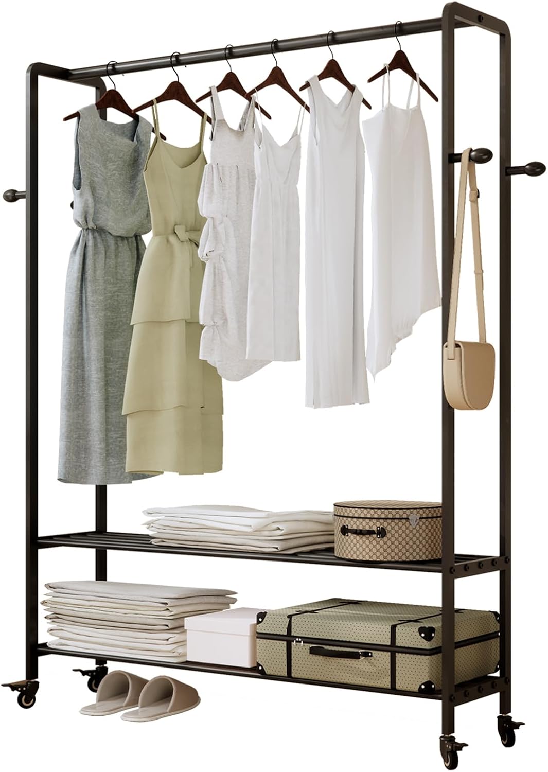 Black Rolling Garment Rack with Shelves and Hooks,Freestanding Metal Clothing Rack with Wheels,Large Clothes Hanging Rack for Bedroom,Closet, Entryway,Wardrobe,Boutique Display