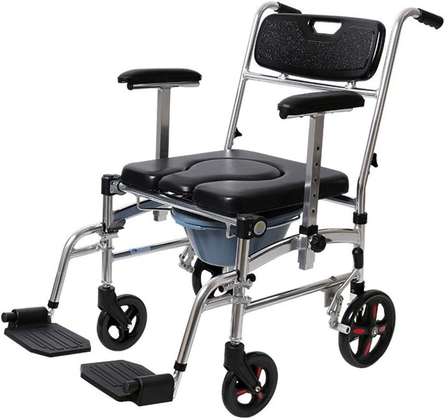 Adjustable Folding Bedside Commode Chair with Wheels Drop Arm & Safety e Portable Toilet Seat for Elderly Seniors & Disabled – Shower & Bathroom Use