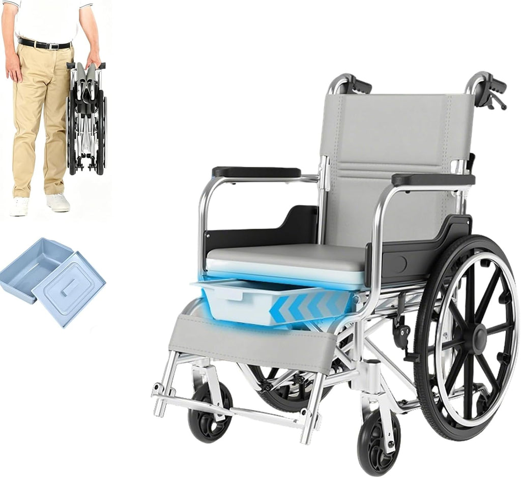 Shower Commode Wheelchair, 17in Width Seat Aluminum Alloy Bathroom Wheelchair for Inside Shower Bathroom Wheelchair Portable Self-Propelled Wheel Chairs for Adults Seniors