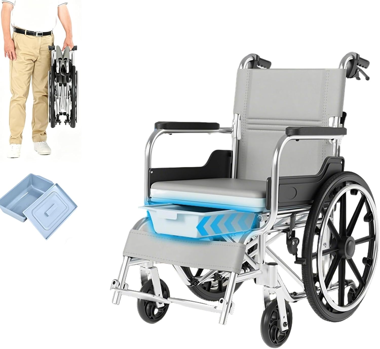Shower Commode Wheelchair, 17in Width Seat Aluminum Alloy Bathroom Wheelchair for Inside Shower Bathroom Wheelchair Portable Self-Propelled Wheel Chairs for Adults Seniors