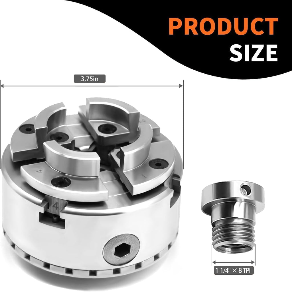 3.75-Inch 4 Jaw Wood Turning Lathe Nickel Plated Chuck and Cutting Jaws Kit with T-Wrench and 6 Corner Star Fasteners 1 Inch x 8TPI