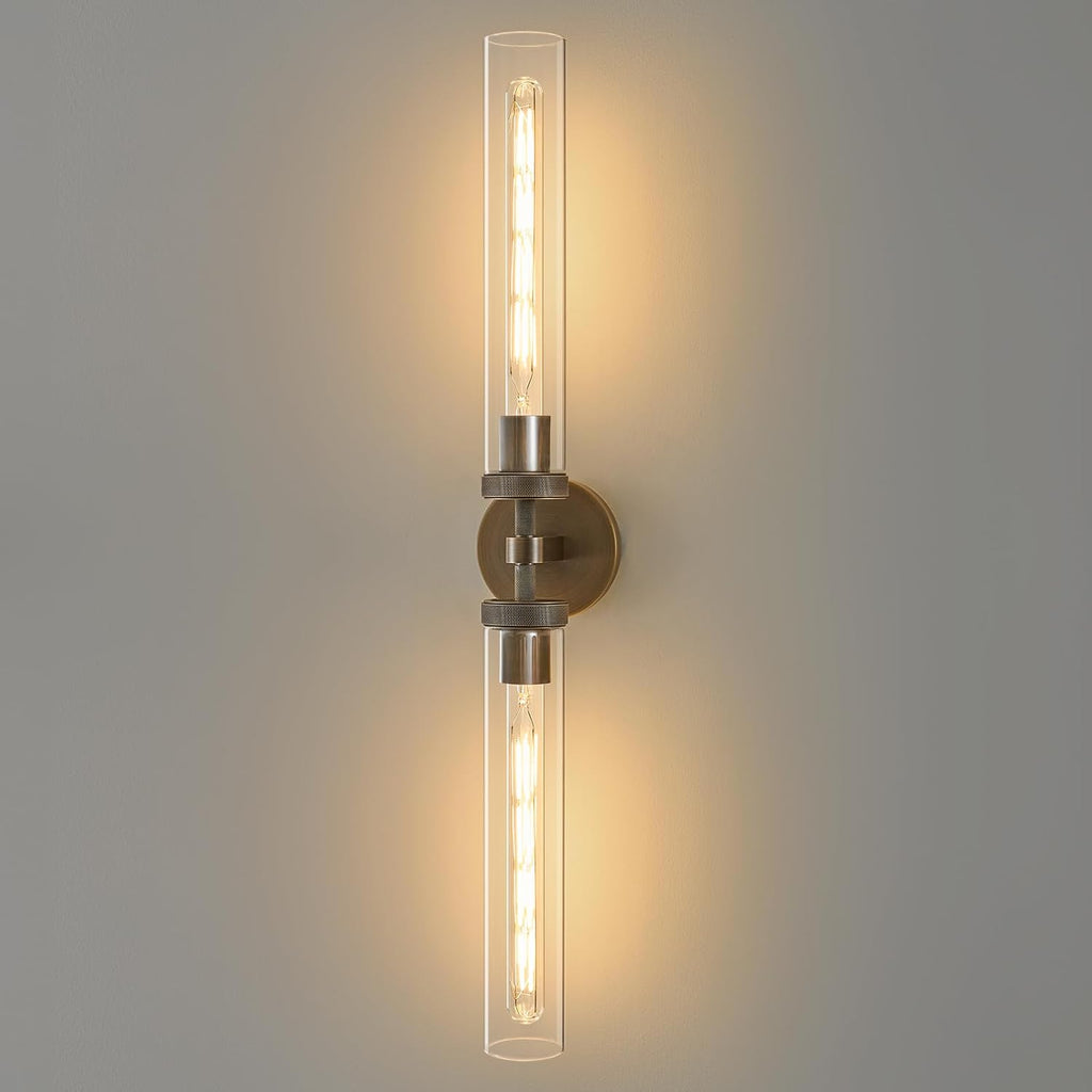 Knurled Brass Bathroom Wall Sconce - Luxury Brushed Antique Gold Sconces - Dimmable Indoor Lighting - Modern Linear Tube Vanity Lights Fixture with Clear Glass for Bedroom Living Room Decor