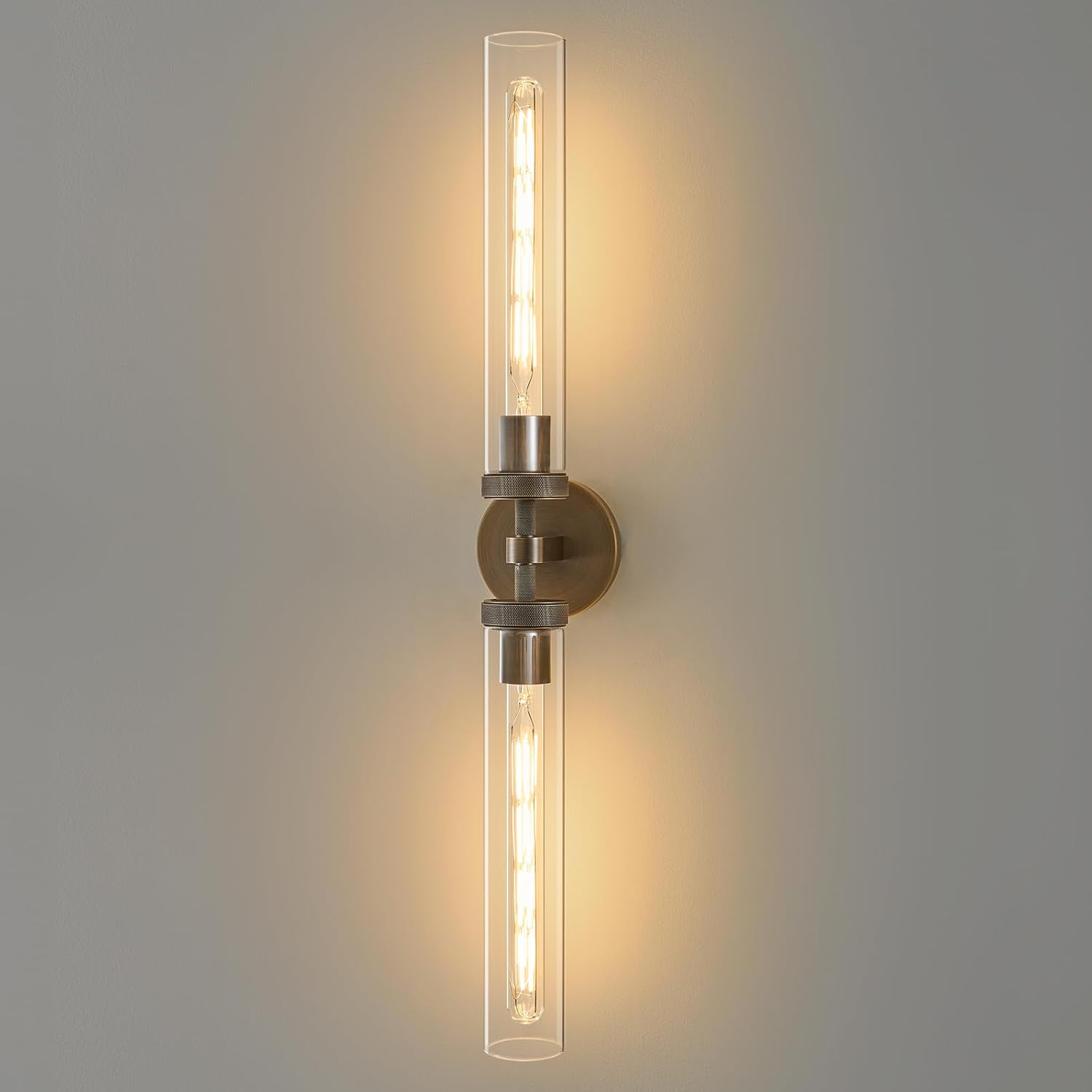 Knurled Brass Bathroom Wall Sconce - Luxury Brushed Antique Gold Sconces - Dimmable Indoor Lighting - Modern Linear Tube Vanity Lights Fixture with Clear Glass for Bedroom Living Room Decor
