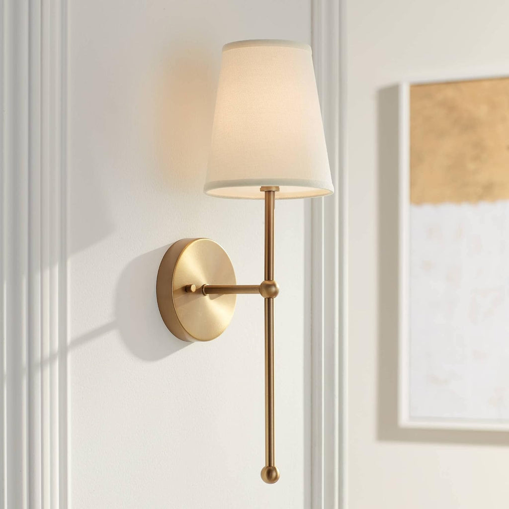 Possini Euro Design Elena Modern Wall Light Sconces Set of 2 Warm Brass Gold Metal Hardwired 6' Cream Linen Shade for Bedroom Bedside Living Room House Home Hallway Dining Kitchen