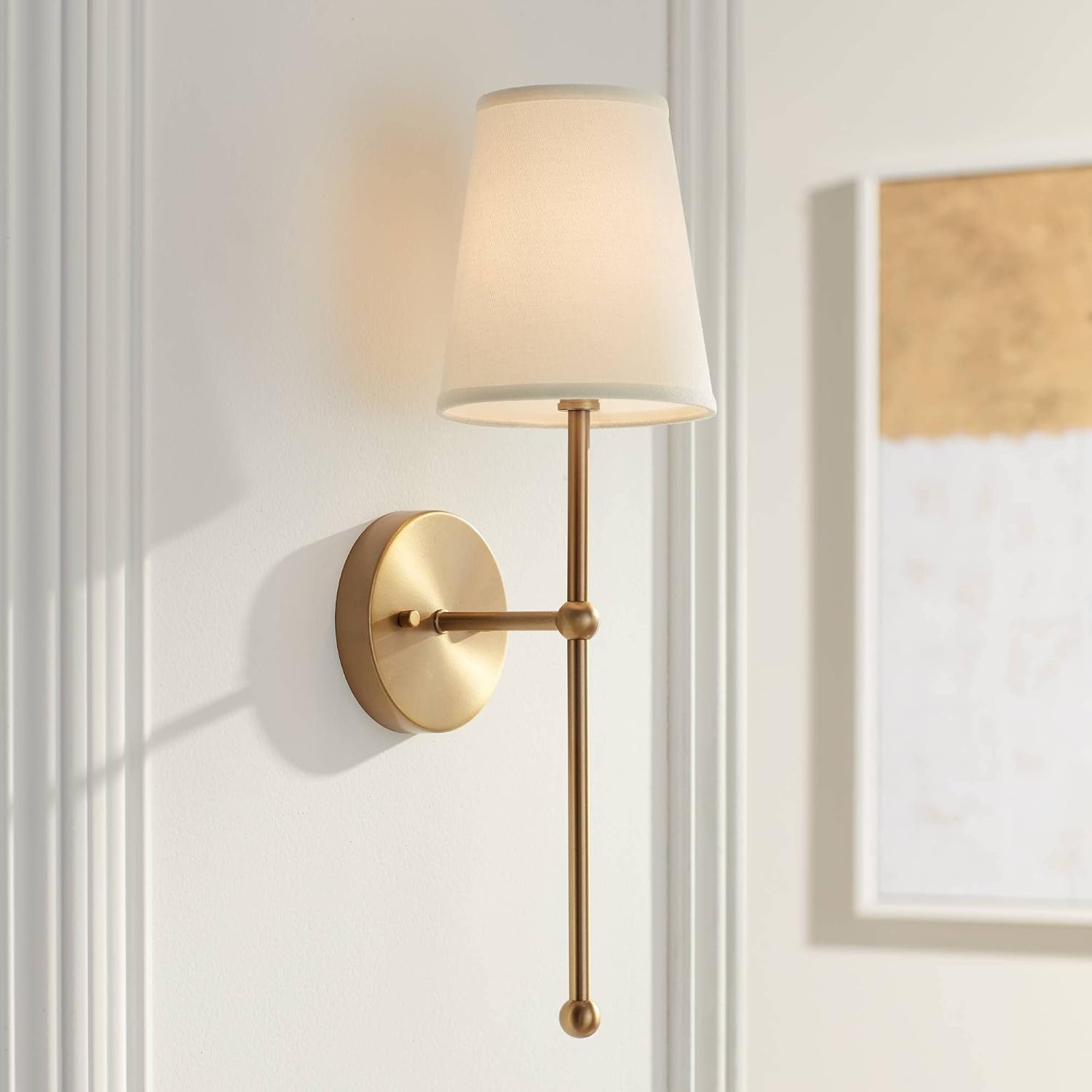 Possini Euro Design Elena Modern Wall Light Sconces Set of 2 Warm Brass Gold Metal Hardwired 6' Cream Linen Shade for Bedroom Bedside Living Room House Home Hallway Dining Kitchen