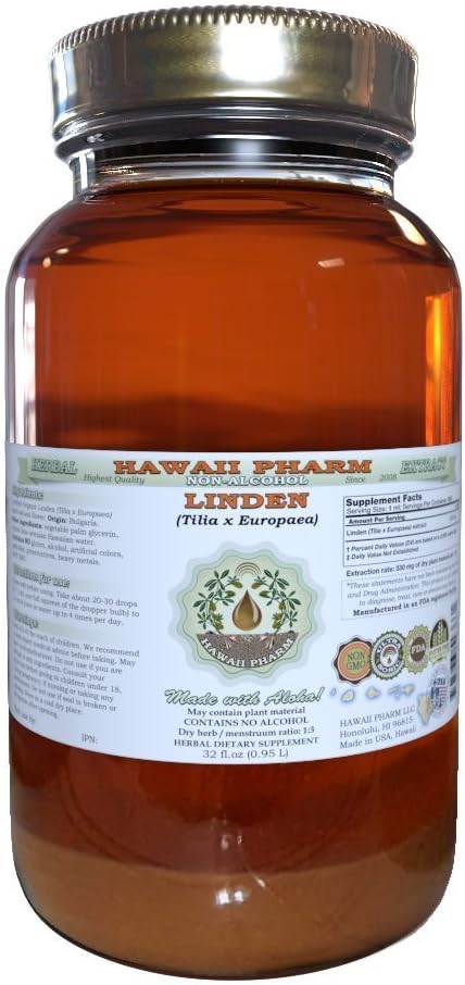 Hawaii Pharm Linden Alcohol-Free Liquid Extract, Professional Grade, Small Batch Linden (Tilia x Europaea) Dried Leaf and Flower Glycerite 32 oz